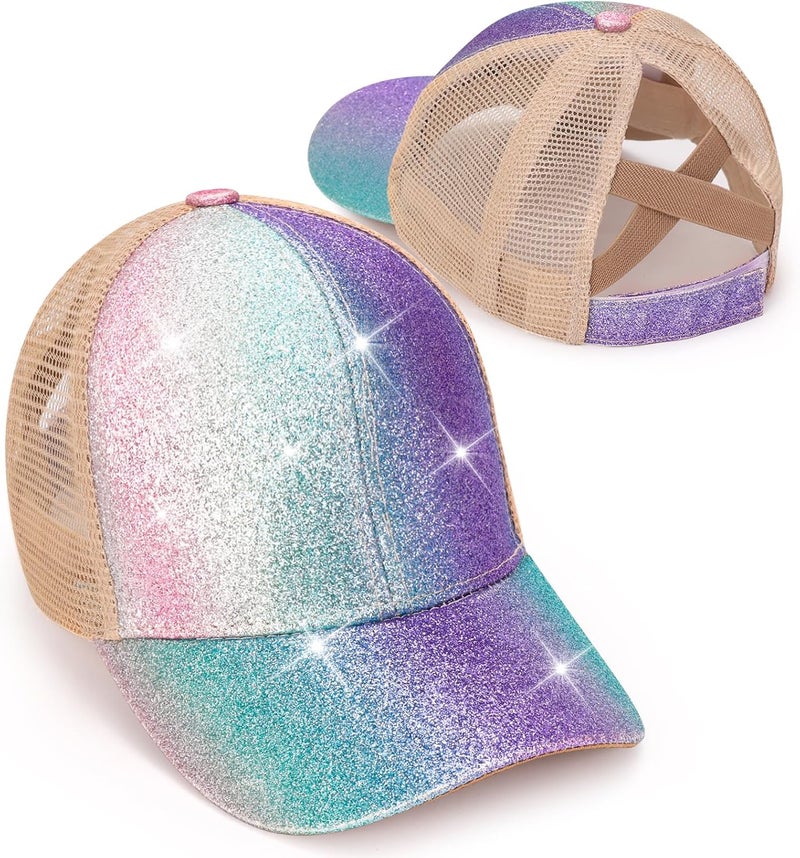 BROMZ Girls Glitter Baseball Cap Kids Ponytail Hat Adjustable Summer Mesh Trucker Hats for 4-12 Years - Image 1